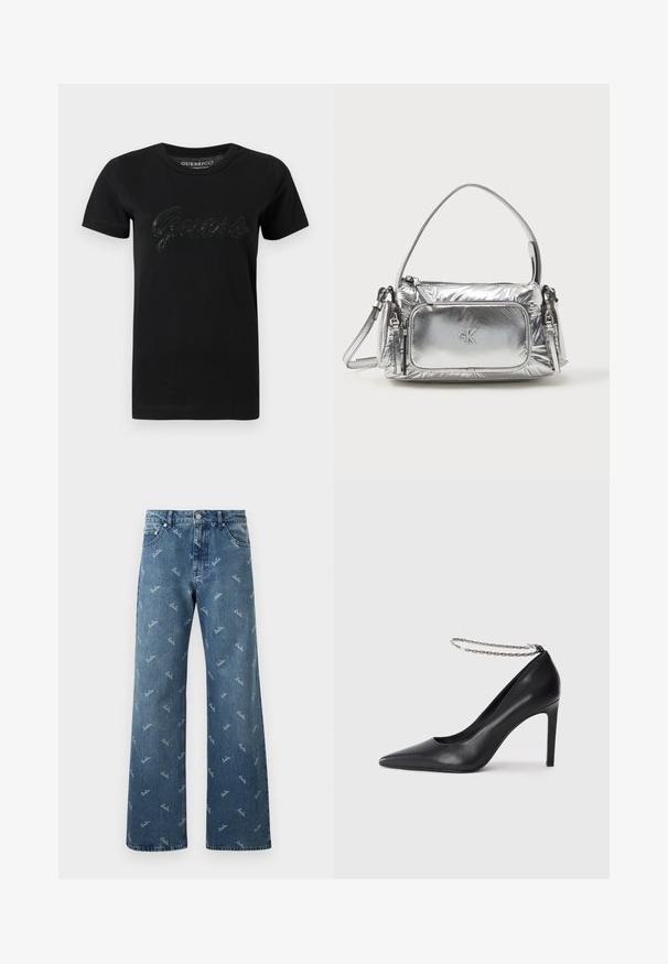 Camiseta negra de algodón con cuello redondo, mangas cortas y un logo texturizado de lentejuelas "Guess" en el pecho.; Jeans de mezclilla azul claro con un diseño de pierna ancha, que presentan un patrón de logotipo 'lala' repetido en blanco y un estilo clásico de cinco bolsillos.; Zapato de tacón alto de cuero negro con puntera afilada, que presenta una delgada correa de tobillo de cadena plateada y una textura elegante y suave.; Bolso de mano metálico plateado con forma rectangular, cierre superior y bolsillo frontal. Presenta un asa corta y correa ajustable. Acabado texturizado.