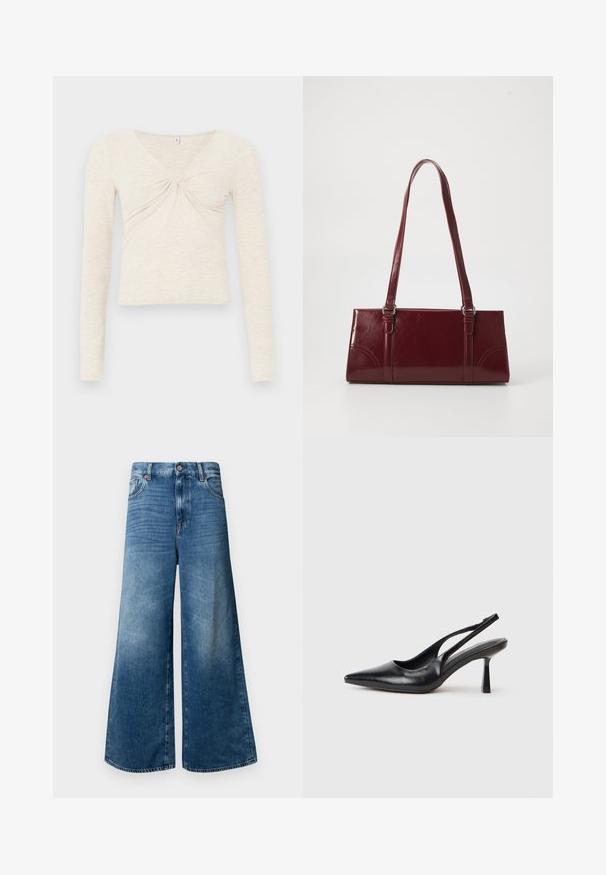 Haut à manches longues crème en tissu doux et texturé. Doté d'un col en V et d'un détail torsadé au centre. Design court.; Jean en denim à jambe large, de couleur bleu moyen, avec un design classique à cinq poches, fermeture à bouton et un léger dégradé pour plus de texture.; Chaussure à talon haut en cuir noir, à bride arrière, avec un bout pointu et un talon fin sur fond blanc.; Sac à main bordeaux en matériau brillant, de forme rectangulaire, avec deux anses et des accents légèrement courbés à l'avant.