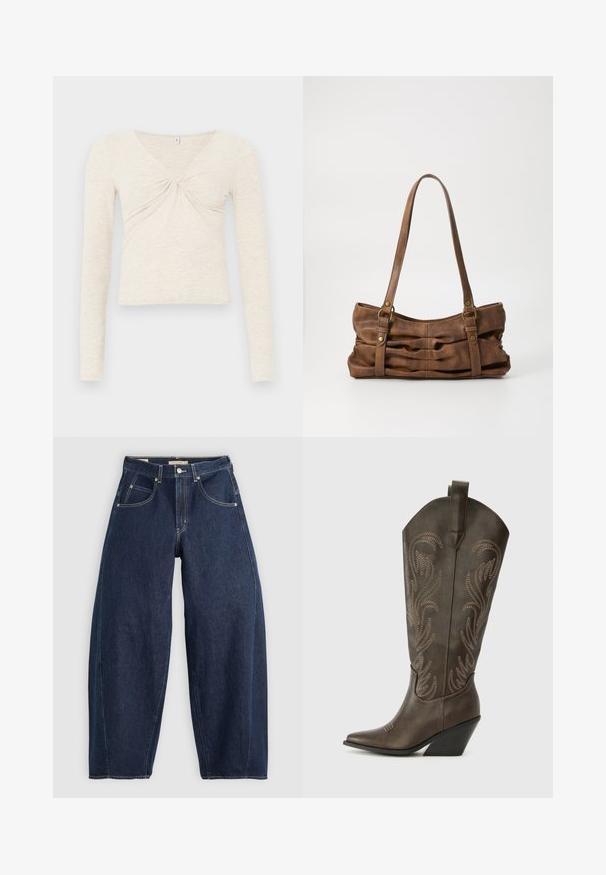 Creme langærmet top lavet af blødt, tekstureret stof. Har en V-udskæring og en twist-detalje i midten. Forkortet design.; Mørkeblå denim jeans med løs pasform, lyse syninger, fem lommer og en knaplukning ved taljen.; Brune læder cowboystøvle med spids tå, kilehæl og dekorativ broderi. Har en høj stok og en trækflap.; Even&Odd Håndtasker - brown