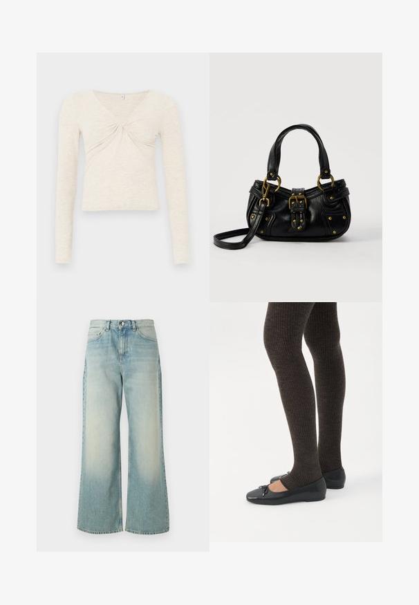 Haut à manches longues crème en tissu doux et texturé. Doté d'un col en V et d'un détail torsadé au centre. Design court.; Jeans en denim bleu clair à jambes larges, présentant un délavage, un design classique à cinq poches et une fermeture à bouton à l'avant.; Jambes portant des leggings côtelés foncés associés à des ballerines noires avec de petits détails en nœud sur fond blanc.; Sac à main en cuir noir avec boucle dorée et détails à rivets, poignées courtes et bandoulière réglable sur fond blanc uni.