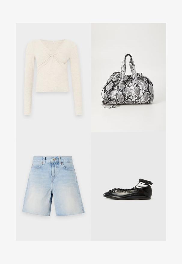 Top de manga larga color crema elaborado en una suave tela texturizada. Presenta un escote en V y un detalle retorcido en el centro. Diseño cropped.; Shorts de mezclilla azul claro con cintura alta, cinco bolsillos y cierre con botón. Presentan un ligero desgastado y costuras resistentes.; Zapatos planos tipo ballet de charol negro con punta redondeada, diseño con cordones y suela plana. Textura lisa con detalles mínimos.; Bolso de mano con patrón de piel de serpiente en blanco y negro, con dos asas, un cierre de cordón y una correa para el hombro desmontable. Textura suave.