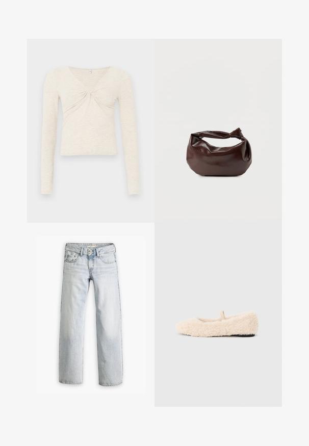 Cremfarbene Langarmbluse aus weichem, strukturiertem Stoff. Sie verfügt über einen V-Ausschnitt und ein Drehdetail in der Mitte. Kürzerer Schnitt.; Hellblaue Denim-Jeans mit lockerer Passform, hoher Taille und fünf Taschen. Mit Stitching-Akzenten und einem Knopfverschluss.; Fluffige, cremefarbene Hausschuhe mit weicher Textur, abgerundeter Zehenpartie, minimalistischem Design und einer kleinen Stoffschlaufe an der Rückseite für ein einfaches Anziehen.; Dunkelbraune Lederschultertasche mit weicher, lockerer Form und einem gedrehten Knotengriff vor schlichtem weißem Hintergrund.