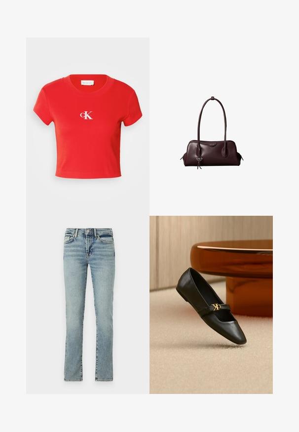 Rød cropped t-shirt lavet af ribbet stof, med rund halsudskæring og korte ærmer. Viser et hvidt logo på brystområdet.; Lyseblå denim jeans med lige ben-design, fem-lomme stil og subtilt slid. Har metalknap og lynlåslukning.; Sort læder flad sko med spids tå og gyldent CK-logo på rem, placeret på beige tæppe nær et rundt ravbrunt bord.; Mørkebrun lædertaske fra Calvin Klein med lange dobbelte håndtag og en lille logohængende ved det ene håndtag.