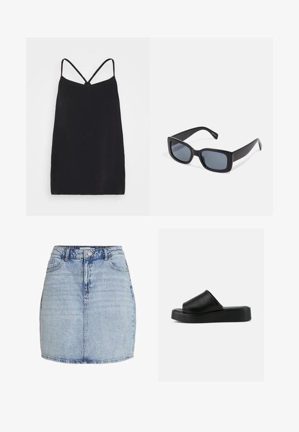 ONLY Tall ONLALMA LIFE CYRUS SINGLET - Top - black; Hellblaue Jeans-Minirock mit vorderem Knopf- und Reißverschluss, Gürtelschlaufen und vorderen Taschen.; Schwarzer Slip-On Plateau-Sandale mit breitem Lederobermaterial und dicker Sohle, seitlich auf grauem Hintergrund gezeigt.; Schwarze rechteckige Sonnenbrille mit dunkel getönten Gläsern, dickem Kunstrahmen und breiten Bügeln. Glatte Oberfläche und kantiges Design.