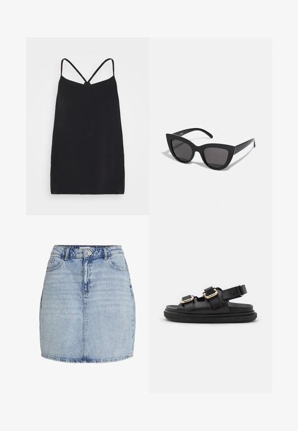 ONLY Tall ONLALMA LIFE CYRUS SINGLET - Top - black; Lyseblå denim mini nederdel med frontknap og lynlås, bæltestropper og frontlommer.; ALOHAS HARPER - Sandaler - black; Sorte cat-eye solbriller med mat finish, der har grå tonede linser, skarpe vinkler og slanke sidearme. Mærkenavnet er synligt på den indre arm.