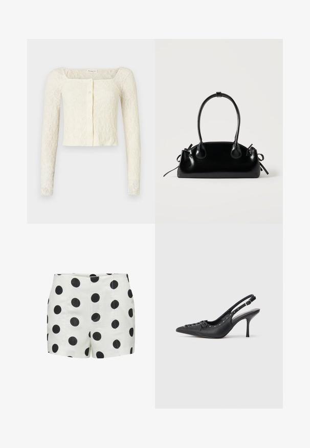 Cardigan court en dentelle crème à manches longues, avec col carré et quatre boutons sur le devant, présenté sur un fond blanc uni.; Short blanc taille haute avec grands pois noirs, détails de couture devant et fermeture éclair invisible.; Escarpin en cuir noir à talon aiguille avec un bout pointu, une bride latérale à boucle, des clous le long du bord et un laçage décoratif à l'avant.; Petit sac à main noir brillant avec deux longues anses et des détails à cordon sur les côtés sur un fond clair uni.