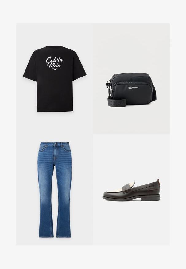 Zwarte t-shirt met korte mouwen, voorzien van een witte cursieve 'Calvin Klein' logo in het midden van de borst, weergegeven tegen een effen lichte achtergrond.; Jeans met uitlopende pijpen in medium blauw. Heeft een vijfzakkenontwerp, stikselaccenten, een knoopsluiting en een licht vervaagde textuur op de benen.; Donkerbruine leren herenloafer met crèmekleurig stoffen paneel en klassiek doorgestikt riemdetail, platte zool en trekhaak bij de hak.; Zwarte rechthoekige crossbodytas met twee ritssluitingsvakken, "KARL LAGERFELD JEANS" logo en verstelbare merkriem op witte achtergrond.