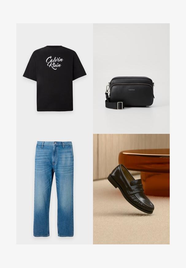 Schwarzes T-Shirt mit kurzen Ärmeln und weißem, geschwungenem "Calvin Klein"-Logo, zentriert auf der Brust, vor einem schlichten hellen Hintergrund präsentiert.; Hellblaue Denim-Jeans mit geradem Schnitt, fünf Taschen, Knopfverschluss und dezentem Ausbleichen auf der Vorderseite. Keine sichtbaren Muster.; Glänzender schwarzer Leder-Loafer mit einem Riemendetail, auf einem beigen Teppich neben einem runden braunen Couchtisch in einem sanft beleuchteten Raum platziert.; Schwarze Leder-Crossbody-Tasche mit zwei Reißverschlussfächern, strukturiertem Finish, verstellbarem Tragegurt und silbernen Hardware-Details. Calvin Klein-Logo angebracht.