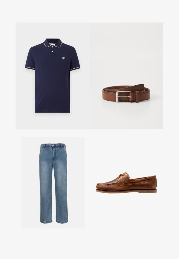 Marineblauw poloshirt met witte bies bij de kraag en mouwen, twee witte knopen en klein wit kroontjeslogo op de linkerborst.; Blauwe rechte spijkerbroek met knopen aan de voorkant, ritssluiting en riemlussen op een neutrale achtergrond.; Brown leren botenschoen met gestikte accenten, voorzien van metalen oogjes, een verhoogde naad op de neus en een platte rubberen zool.; Bruine leren riem met een gladde afwerking, voorzien van een metalen gesp in zilver en subtiele stiksels langs de randen. Tijdloos en duurzaam ontwerp.