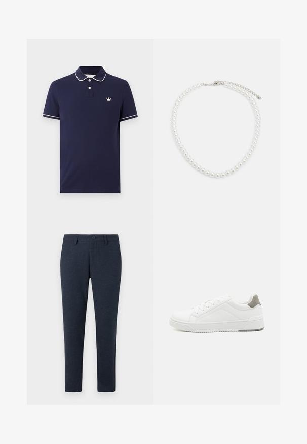 Marineblaues Poloshirt mit weißem Besatz an Kragen und Ärmeln, zwei weißen Knöpfen und kleinem weißem Kronenlogo auf der linken Brust.; Dunkelblaue Slim-Fit-Hosen mit Gürtelschlaufen, Frontknopf und vorderen Taschen, auf einem weißen Hintergrund präsentiert.; Weißer Sneaker aus glattem Leder, runde Zehenpartie, minimalistisches Design, graue Fersenkante und strukturierte Gummisohle.; Weiße Perlenkette mit einheitlich runder Form, glatter Oberfläche und Metallverschluss mit Verlängerungskette für anpassbare Länge.