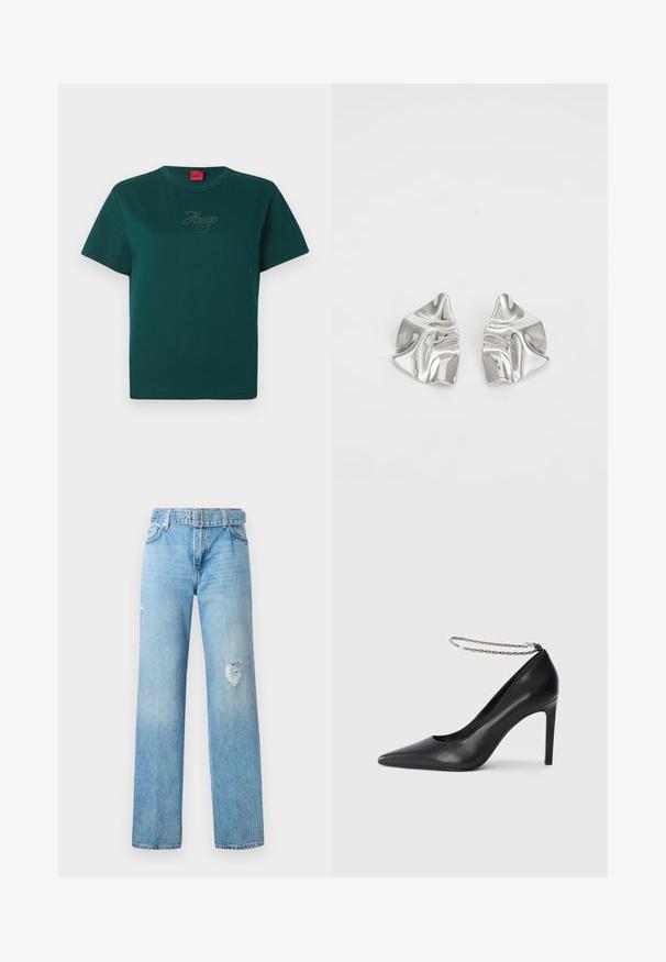 Groene katoenen T-shirt met korte mouwen, een ronde hals en een subtiele geborduurde "Hugo"-logo in een iets donkerdere groentint.; Lichtblauwe denim jeans met een wijde pijp, voorzien van versleten details op de knieën en een klassiek vijf-pocket ontwerp met riemlussen.; Zwarte leren hoge hak pump met een spitse neus, voorzien van een dunne zilveren ketting enkelband en een strakke, gladde textuur.; Zilveren metalen oorbellen met een golvend, sculpturaal ontwerp, voorzien van een gepolijste afwerking en onregelmatige vormen, die een hedendaagse esthetiek benadrukken.
