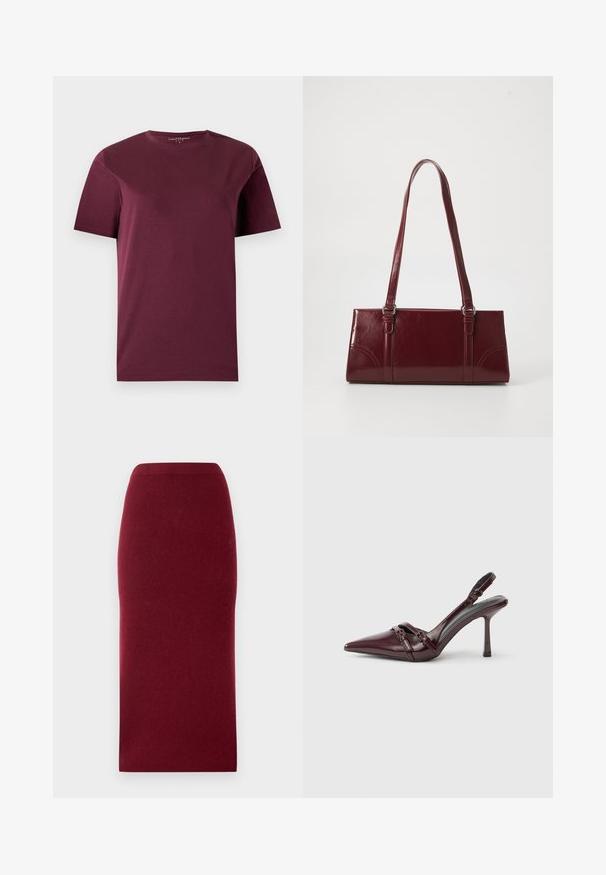 Effen bordeauxrode T-shirt met korte mouwen en ronde hals, plat liggend op een lichte achtergrond.; Bordeaux gebreide midi-rok met een aansluitende silhouette, gladde textuur en een tailleband. Geen zichtbare naden of patronen. Effen kleur door het hele stuk.; Bordeauxrode lakleren slingback met puntige neus, dunne enkelband en kleine decoratieve gespsluiting. Gladde textuur en hoge hak.; Bourgondische handtas van glanzend materiaal, rechthoekige vorm, met twee schouderbanden en subtiele gebogen accenten aan de voorkant.