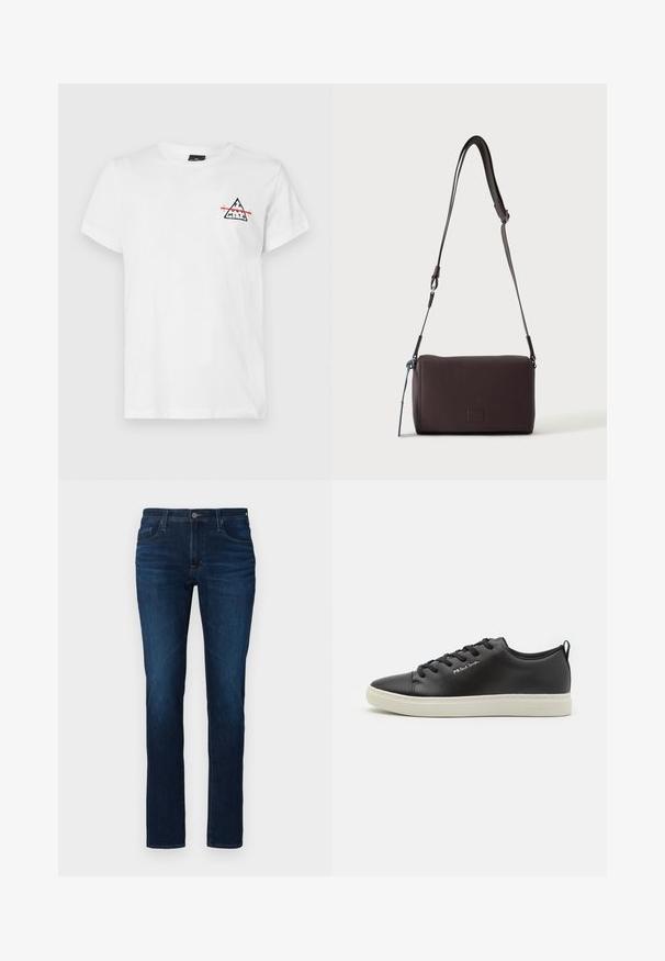 Hvid bomulds T-shirt med rund hals og korte ærmer. Forsiden har et sort trekantet logo med røde accenter.; Mørkeblå denimjeans med lige ben, der har standard knap- og lynlåslukning, fem lommer og let lysning.; Sort læder sneakers med rund tå, kontrastfarvet hvidgummi sål, seks øjelets snørelukning og diskret branding på siden.; Mørkebrun textured læder crossbody taske med justerbar rem og lille dekorativ blå accent på siden.