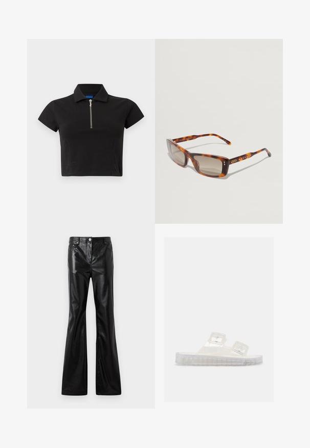 Sort kortærmet cropped polo-shirt med en sølvfarvet lynlås foran og en opfoldet krave, vist på en ensfarvet hvid baggrund.; Rabanne Loose-jeans - black; Gennemsigtig plastik glide-sandal med to justerbare spænder og en klar rillen sål, vist i profil på hvid baggrund.; Solbriller med en skildpaddemønstret plastikramme, firkantede linser og brune tonede linser. Udsmykket med små metalnitter ved templet.