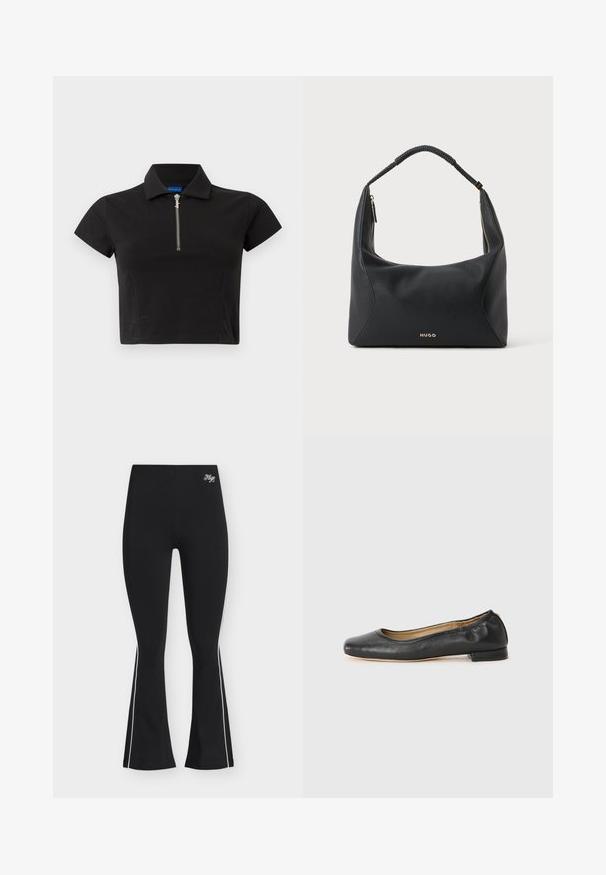 Polo noir à manches courtes, court, avec une fermeture éclair argentée à l'avant et un col plié, présenté sur un fond blanc uni.; Pantalon noir évasé avec des bandes blanches sur les côtés et le logo "Hugo" brodé près de la taille haute, présenté sur un fond clair.; Ballerines en cuir noir avec un bout arrondi et des coutures minimales. Talon bas et rectangulaire avec une texture lisse. Détails subtils de doublure intérieure.; Sac à épaule en cuir noir avec anse tressée, détail de fermeture éclair dorée et petit logo "HUGO" doré au centre à l'avant.