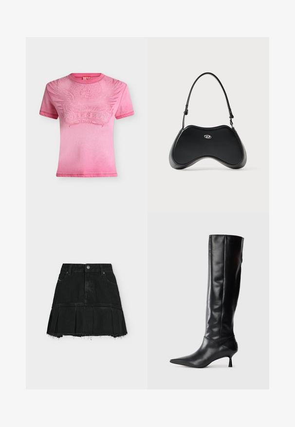 T-shirt rose à manches courtes avec motif d'aigle en relief et logo "Diesel" sur la poitrine, col rond sur fond neutre.; Mini-jupe en denim noir avec bas plissé, ourlet effiloché, fermeture à boutons et zip devant, et passants pour ceinture sur un fond clair uni.; Botte en cuir noir hautes jusqu'au genou avec un bout pointu et un talon fin et courbé. Texture lisse, design ajusté, sans matériel ni motifs visibles.; Sac à main en similicuir noir avec une forme incurvée unique, une poignée courte et un détail de logo argenté sur le devant. Texture lisse, design minimaliste.