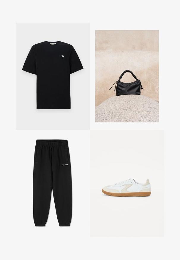 Zwarte katoenen T-shirt met korte mouwen, met een kleine witte bloemenborduursel op de linkerkant van de borst. Standaard pasvorm en ronde hals.; Zwarte sweatpants van zacht materiaal, met een verstelbare tailleband, taps toelopende benen en zijzakken. "PEGADOR" logo in het wit op de voorkant.; Witte sneakers met tan accenten, van suède en glad leer, met een ronde neus, platte gumrubber zool en een logo op de hiel.; Zwarte gerimpelde handtas met een samengevoegde handvat, rustend op een gestructureerde stenen bol tegen een beige betonnen muur.