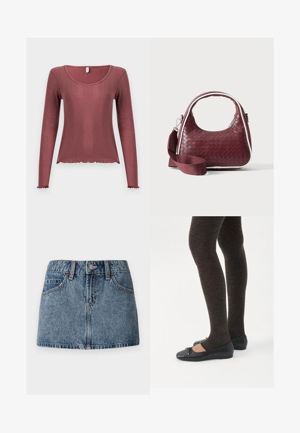 Top met lange mouwen in zachtroze, met geribbelde textuur, ronde halslijn, gegolfde zoom en manchetten, gemaakt van zacht gebreid materiaal.; Denim mini-jurk in een medium blauwe wash, met een aansluitende taille, voorzakken en subtiele stiksels. Glad, gestructureerd stoffenafwerking.; Benen met donkere geribbelde leggings gecombineerd met zwarte ballerina's met kleine strikdetails op een witte achtergrond.; Donkerrode geweven leren handtas met gebogen handvat, witte bies, zilveren rits en afneembare brede stoffen schouderriem tegen een effen achtergrond.