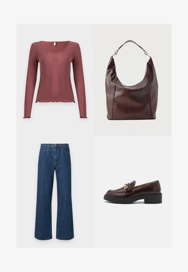 Langærmet top i støvet rosa med ribbet tekstur, rundudskæring, bølget kant forneden og ved manchetten, lavet af blødt strikmateriale.; Bredde denimjeans i mellemblå, med høj talje, frontlommer og subtile stikninger. Glat tekstur med afrundede bundkanter.; Brune læder loafer med en guldaccent spænde, sort blokhælt og en glat tekstur. Sidevisningen viser en rund tå og stikninger.; Mørkebrun læder skuldertaske med en enkelt justerbar rem, en let buet top og en lynlåslukning på den ene side.