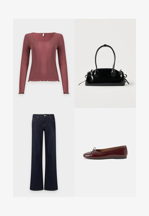 Langærmet top i støvet rosa med ribbet tekstur, rundudskæring, bølget kant forneden og ved manchetten, lavet af blødt strikmateriale.; Mørkeblå vidde denimjeans med forlommer, knap- og lynlåslukning samt synlige kontrastsyninger.; Bordeaux patentlæder balletflad med rund tå, lille sløjfeaccent foran og en lav, sort gummisål. Glat tekstur.; Lille sort blank håndtaske med to lange håndtag og snøre-detaljer i siden på en ensfarvet lys baggrund.