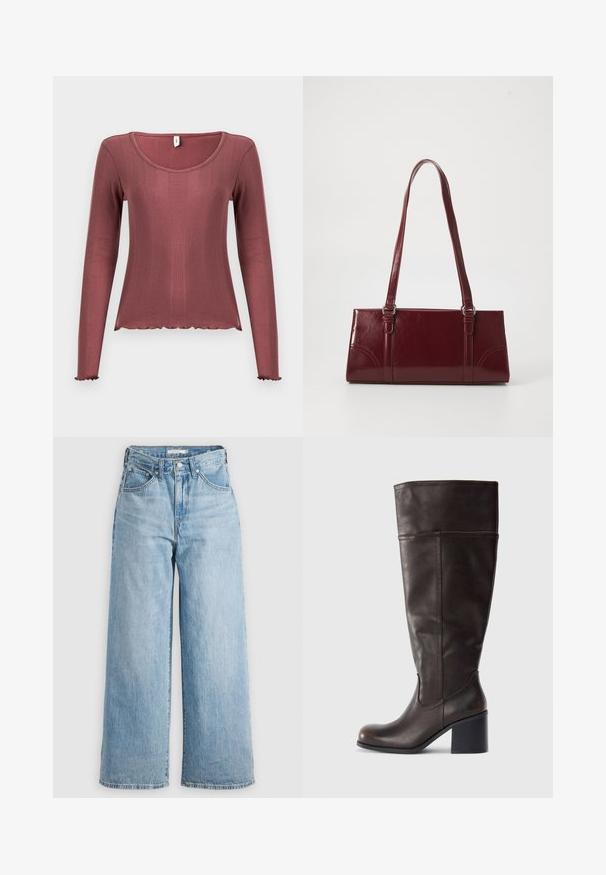 Top met lange mouwen in zachtroze, met geribbelde textuur, ronde halslijn, gegolfde zoom en manchetten, gemaakt van zacht gebreid materiaal.; Lichtblauwe wijde spijkerbroek met hoge taille, gemaakt van denimstof. Voorzien van een klassieke vijf-pocketontwerp en metalen hardware.; Bruine leren kniehoog laars met een ronde neus en een gestapelde hak. Heeft een gladde textuur en zijstiksel details.; Bourgondische handtas van glanzend materiaal, rechthoekige vorm, met twee schouderbanden en subtiele gebogen accenten aan de voorkant.