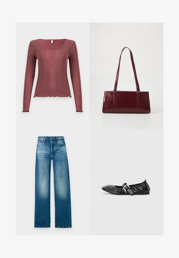 Top met lange mouwen in zachtroze, met geribbelde textuur, ronde halslijn, gegolfde zoom en manchetten, gemaakt van zacht gebreid materiaal.; Lichtblauwe denimjeans met een hoge taille, wijde pijpen en een vervaagde afwerking. Voorzien van een klassiek five-pocket ontwerp en metalen knoopsluiting.; Zwarte leren platte schoen met een spitse neus, geplooide details rond de opening en een zilveren gespaccentueerde verstelbare band.; Bourgondische handtas van glanzend materiaal, rechthoekige vorm, met twee schouderbanden en subtiele gebogen accenten aan de voorkant.
