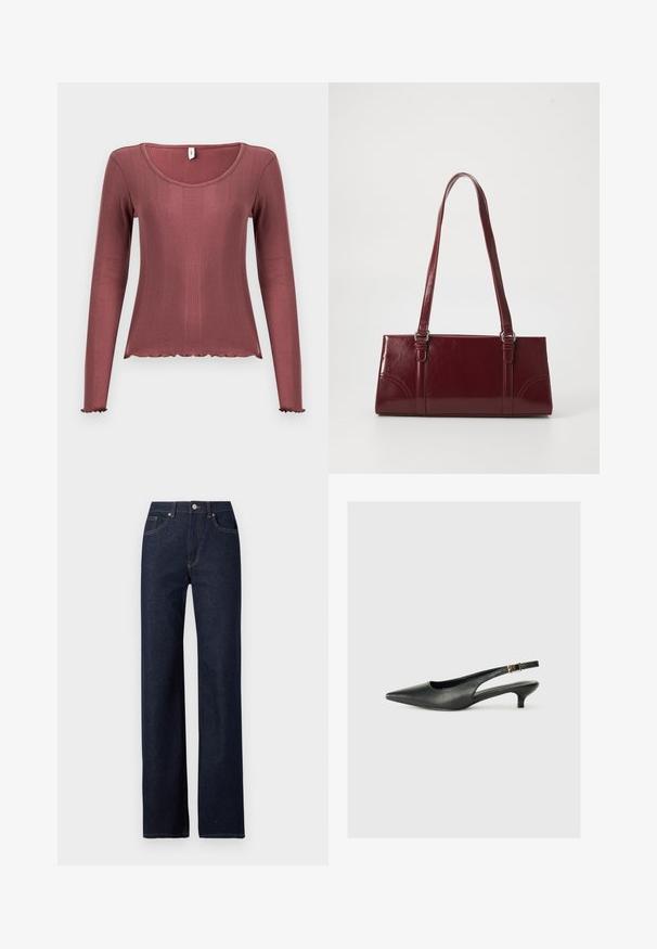 Top de manga larga en color rosa polvoriento, textura acanalada, escote redondo, dobladillo y puños con borde ondulado, confeccionado con material de punto suave.; Vaqueros de mezclilla azul marino con un diseño de pierna recta, estilo clásico de cinco bolsillos, costuras visibles y cierre frontal con botón.; Zapato de tacón slingback negro de punta afilada, hecho de cuero suave. Presenta un tacón delgado y un detalle de hebilla en la correa ajustable.; Bolso burdeos hecho de material brillante, de forma rectangular, con dos asas para el hombro y sutiles acentos curvados en la parte frontal.