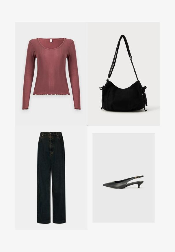 Top de manga larga en color rosa polvoriento, textura acanalada, escote redondo, dobladillo y puños con borde ondulado, confeccionado con material de punto suave.; Jeans de denim oscuros de tiro alto y pierna ancha con cierre de botón y cremallera en la parte frontal, trabillas para el cinturón y bolsillos delanteros.; Zapato de tacón slingback negro de punta afilada, hecho de cuero suave. Presenta un tacón delgado y un detalle de hebilla en la correa ajustable.; Bolso de hombro de pana negra con forma curva, correa ajustable y cierres de cordón en ambos lados para ajustar el tamaño.