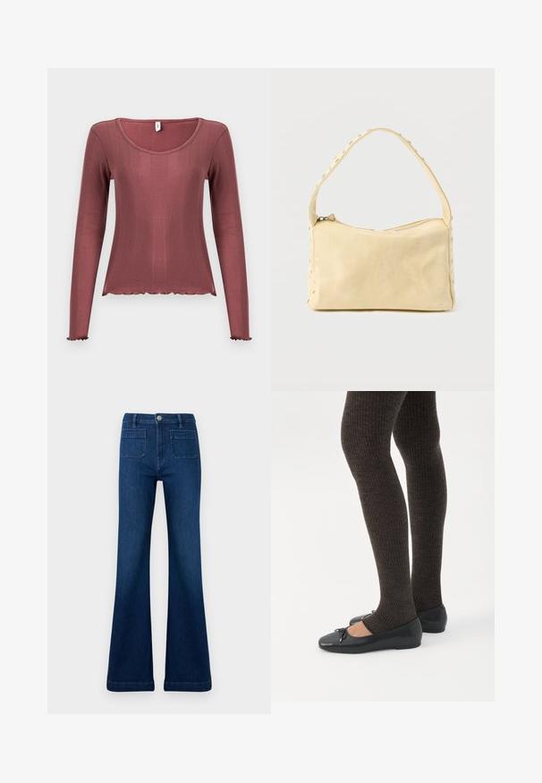 Haut à manches longues couleur rose poudré, texture côtelée, encolure dégagée, ourlets et poignets festonnés, confectionné en matière tricotée douce.; Jean évasé bleu foncé en denim, doté d'une taille haute, de deux poches arrière et de coutures contrastantes le long des coutures.; Jambes portant des leggings côtelés foncés associés à des ballerines noires avec de petits détails en nœud sur fond blanc.; Petit sac à main en cuir beige avec une seule bandoulière et des clous argentés le long des bords et de la bandoulière, posé sur un fond uni.