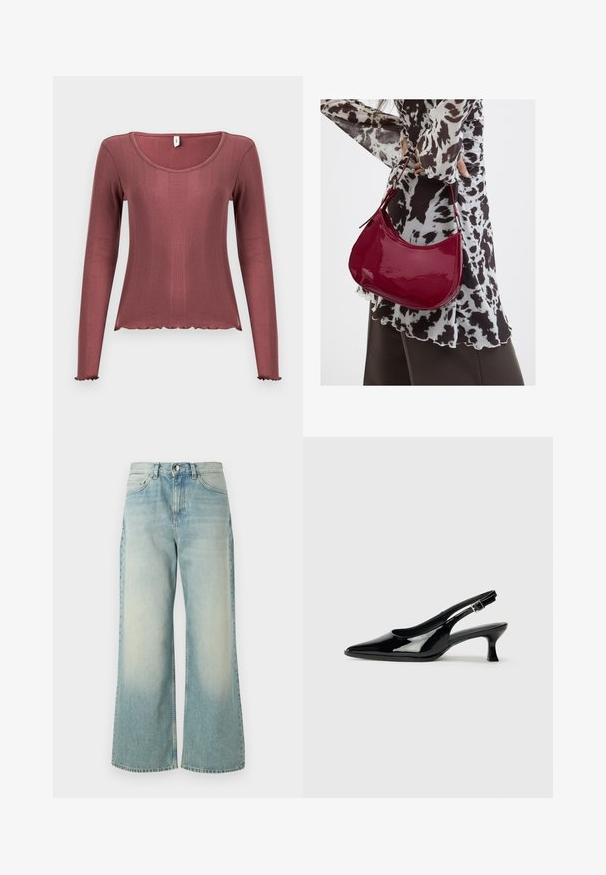 Haut à manches longues couleur rose poudré, texture côtelée, encolure dégagée, ourlets et poignets festonnés, confectionné en matière tricotée douce.; Jeans en denim bleu clair à jambes larges, présentant un délavage, un design classique à cinq poches et une fermeture à bouton à l'avant.; Escarpins en cuir verni noir avec un bout pointu et un petit talon carré. Sangle réglable à la cheville avec boucle.; Femme portant un chemisier à motif noir et blanc tenant un sac à main rouge brillant sur un fond uni.