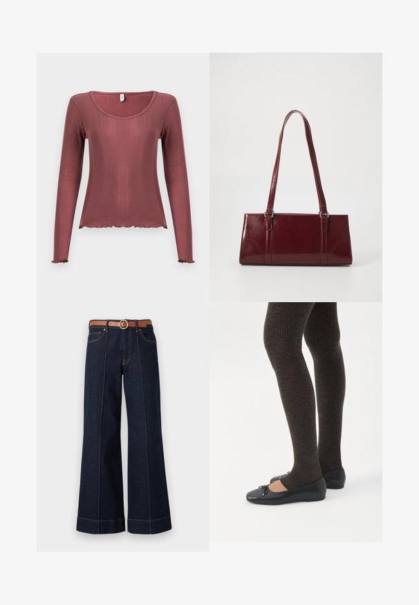 Langærmet top i støvet rosa med ribbet tekstur, rundudskæring, bølget kant forneden og ved manchetten, lavet af blødt strikmateriale.; Mørkeblå denim wide-leg jeans med høj talje, brun bælte og synlige syningsdetaljer. Har forlommer og en afslappet pasform.; Ben iført mørke ribbede leggings kombineret med sorte balletsko med små sløjfedetaljer på hvid baggrund.; Bordeaux håndtaske lavet af glansfuldt materiale, rektangulær form, med to skulderremme og subtile buede detaljer på forsiden.