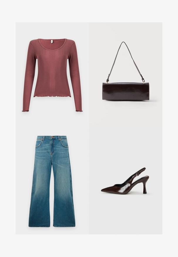 Top de manga larga en color rosa polvoriento, textura acanalada, escote redondo, dobladillo y puños con borde ondulado, confeccionado con material de punto suave.; Jeans de mezclilla azul de tiro alto con perneras anchas, bolsillos frontales, cierre de botón y un degradado de color desgastado que va desde la cintura hasta el dobladillo.; Zapatos de tacón slingback de charol marrón con punta afilada, tacón delgado y correa ajustable con una pequeña hebilla.; Bolso rectangular de cuero negro con una sola correa larga y acabado brillante, exhibido sobre un fondo blanco liso.