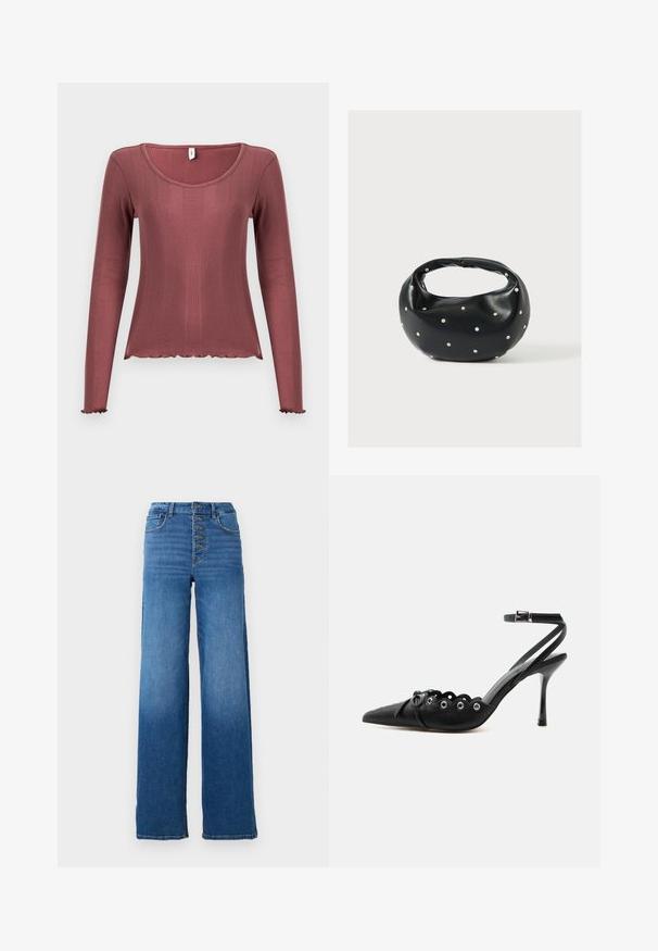 Langærmet top i støvet rosa med ribbet tekstur, rundudskæring, bølget kant forneden og ved manchetten, lavet af blødt strikmateriale.; Vidde denim jeans i blå med høj talje og fem knaplukninger. Har klassisk syning og en ren kant.; Sort spids hæl med bølgede kanter, metaløjer, snørelukning foran og ankelrem med spænde.; Sort læderhåndtaske med en rundet form, dekoreret med sølvnitter, og et kort håndtag. Glat tekstur og lynlåslukning.