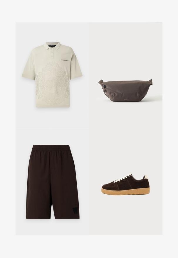 Les Benjamins Polo - neutral nude; Shorts marron à taille élastique avec poches latérales, en tissu texturé, et un logo brodé noir sur la jambe gauche.; Baskets en daim marron foncé avec lacets blancs, languette beige au talon et semelle en caoutchouc marron clair vues de côté sur un fond uni.; Sac banane en tissu marron foncé avec poche zippée en diagonale et petit logo blanc sur le devant, sur un fond clair uni.