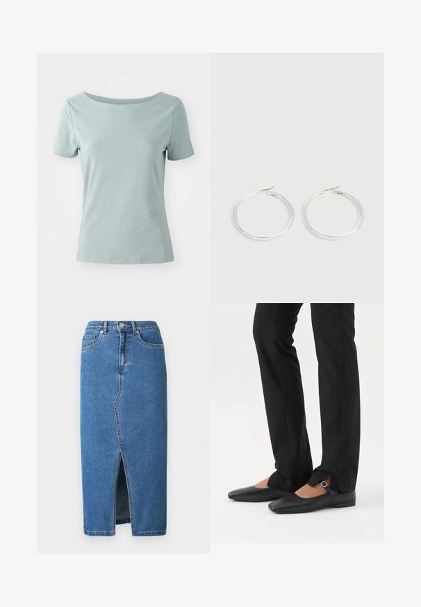 T-shirt en coton bleu clair à manches courtes, avec un large décolleté et une coupe décontractée. Épaules sans coutures et texture douce et lisse.; Jupe midi en denim bleue. Elle présente une fente avant, une taille haute et un design à cinq poches. Coutures classiques et accents en métal.; Jambes vêtues d’un pantalon slim noir avec des fentes à l’avant de l’ourlet, assorties à des chaussures plates Mary Jane noires avec une petite bride à boucle.; Paire de boucles d'oreilles créoles argentées brillantes avec fermoirs en fil fin, présentée sur un fond gris clair.
