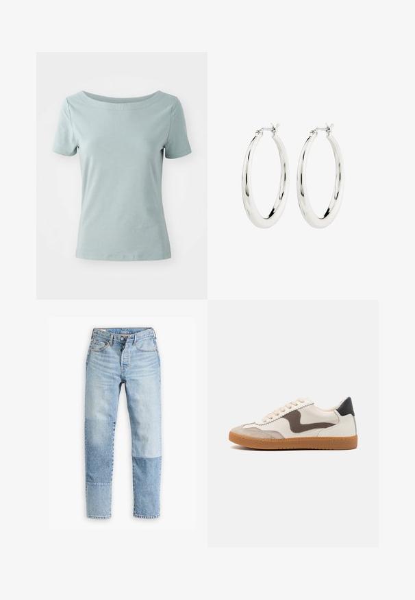 Korte mouwen, lichtblauw katoenen t-shirt met een brede halslijn en een relaxte pasvorm. Naadloze schouders en een soepele, zachte textuur.; Lichtblauwe denim jeans met een uniek paneelontwerp in verschillende tinten en texturen. Klassiek vijf-pocket model met een ritssluiting.; Sneakers met een crème leren bovenwerk, donkere bruin suède accenten, beige veters en een gumrubberen zool; klassiek laagprofiel ontwerp.; Zilveren oorbellen in de vorm van een gladde, glanzende ring. Circulaire vorm, voorzien van een veilige sluiting. Eenvoudig en elegant ontwerp.