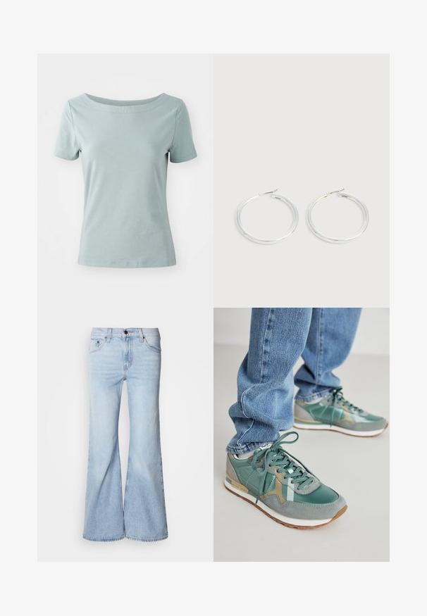 Korte mouwen, lichtblauw katoenen t-shirt met een brede halslijn en een relaxte pasvorm. Naadloze schouders en een soepele, zachte textuur.; Lichtblauwe flare jeans met een hoge taille, gemaakt van denim, voorzien van vijf zakken en een knoopsluiting. De pijpen zijn wijd en hebben een licht vervaagde afwerking.; Groene sneakers met een mix van leer en suède, met een gestructureerde afwerking, veters en een witte middenzool. Draagt met blauwe spijkerbroeken.; Een paar glanzende zilveren oorringen met dunne draadafsluitingen, getoond op een lichtgrijze achtergrond.