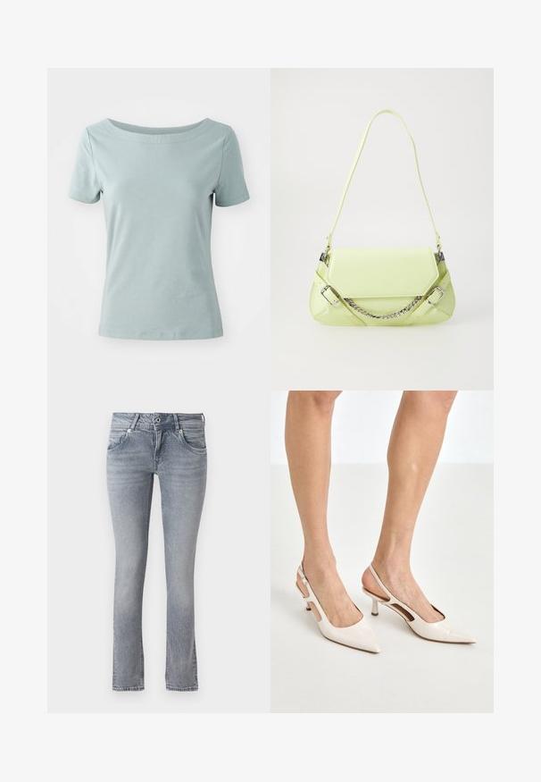 Korte mouwen, lichtblauw katoenen t-shirt met een brede halslijn en een relaxte pasvorm. Naadloze schouders en een soepele, zachte textuur.; Lichtblauwe denim jeans met een recht model, voorzien van een licht vervaagde afwerking, vijf zakken en een klassieke knoop- en ritsluiting.; Beige gepatineerde leren slingback hakken met een spitze neus en een hak van 5 cm, met uitsparingen aan de zijkanten en een dunne enkelband.; Limoengroene synthetische handtas met een gladde textuur, een afneembare kettingriem en decoratieve gespen; rechthoekige vorm met taps toelopende zijkanten.