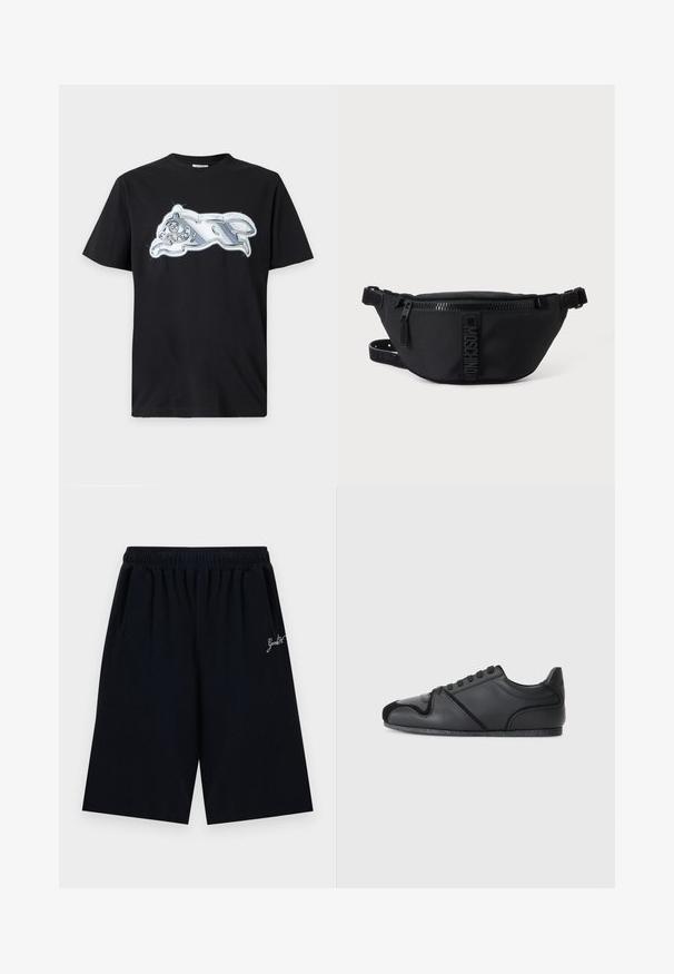 Schwarzes T-Shirt mit kurzen Ärmeln und einem glänzenden silbernen Metallic-Print eines laufenden Tieres auf der Brust.; Schwarze knielange Shorts mit elastischem Bund und kleinem weißem kursivem Text auf der rechten Seite.; Schwarze Sportschuhe mit einem glatten Lederoberteil, subtilen strukturierten Akzenten und einer kontrastierenden schwarzen Wildlederkappe. Mit einer Gummisohle.; Schwarze Moschino Bauchtasche mit Frontreißverschluss und verstellbarem Riemen auf einfachem hellem Hintergrund.