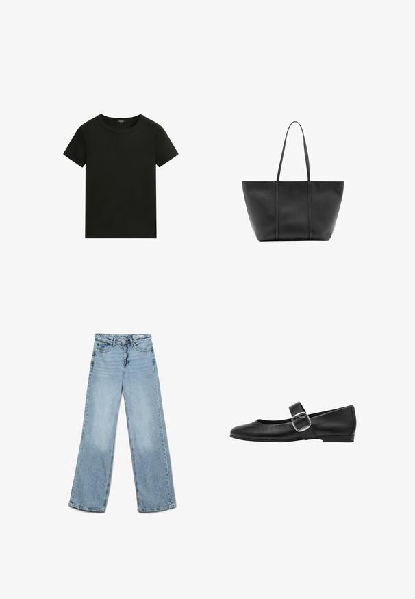 Enkel sort kortærmet t-shirt med rund hals og simpel, tætsiddende pasform mod en hvid baggrund.; Lyseblå højtaljede jeans med vide ben, knap- og lynlås-lukning, for- og baglommer samt bæltestropper.; Sorte læder ballet flats med en rund tå, en enkelt justerbar rem og et stort sølvspænde. Flad hæl og glat tekstur.; Sort læder tote taske med lange slanke håndtag, en tekstureret overflade og en bred åben top.