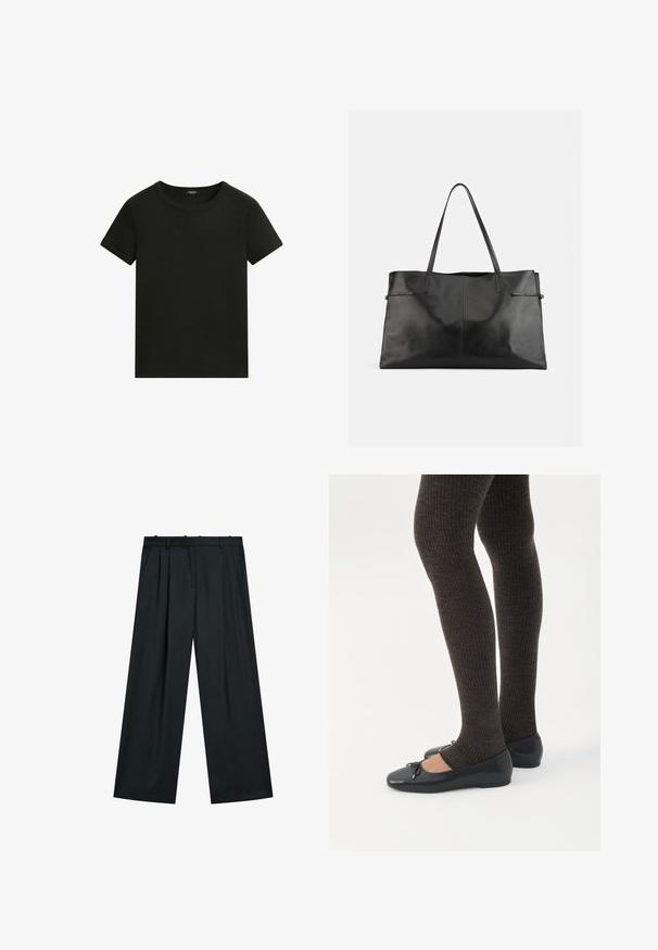 T-shirt noir uni à manches courtes et col rond, au design simple et ajusté, sur fond blanc.; Pantalon large noir avec une devant plissé, une taille avec passants de ceinture et des poches latérales. Fabriqué dans un tissu lisse au design épuré.; Jambes portant des leggings côtelés foncés associés à des ballerines noires avec de petits détails en nœud sur fond blanc.; Grand sac cabas en cuir noir avec deux fines bretelles et une finition lisse sur un fond blanc uni.