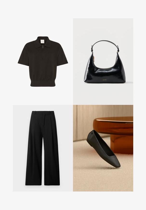 Camiseta polo negra de punto de manga corta con cuello con cremallera y cintura elástica, etiquetada Calvin Klein.; Pantalones negros de pierna ancha hechos de una tela suave. Presentan pliegues en la parte delantera y una cinturilla sencilla con trabillas para cinturón. Sin bolsillos visibles.; Zapato plano negro de punta afilada descansando sobre una alfombra beige cerca de una mesa redonda de color ámbar en un entorno de habitación minimalista.; Bolso negro brillante de Calvin Klein con cremallera dorada y correa corta sobre un fondo blanco liso.