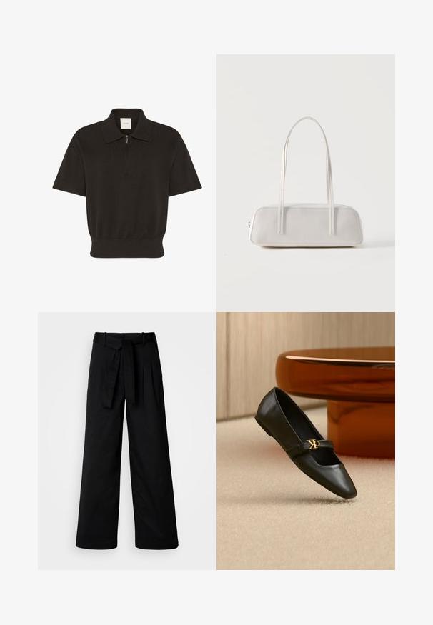 Sort kortærmet strikket polo med lynlås i kraven og elastisk talje, mærket Calvin Klein.; Sorte bukser med bred benvidde og bæltestrop, der har et enkelt design og en glat tekstur, lavet af et holdbart materiale.; Sort læder flad sko med spids tå og gyldent CK-logo på rem, placeret på beige tæppe nær et rundt ravbrunt bord.; Hvid rektangulær skuldertaske med lange tynde stropper, minimal syning og lynlåslukning på en ensfarvet baggrund.