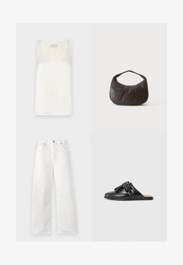 Hvid satin ærmeløs tanktop med rund halsudskæring og glat tekstur, med en subtil glans og rene kanter.; Hvide vide jeans lavet af denim, med høj talje, forlommer og flæser på kanten.; Sorte læder slip-on sko med rund tå, der har en fletket kædeaccent og frynser. Glat tekstur og flad sål.; Lille mørkebrun tekstureret håndtaske med kort rem og afrundet bund på en ensfarvet lys baggrund.