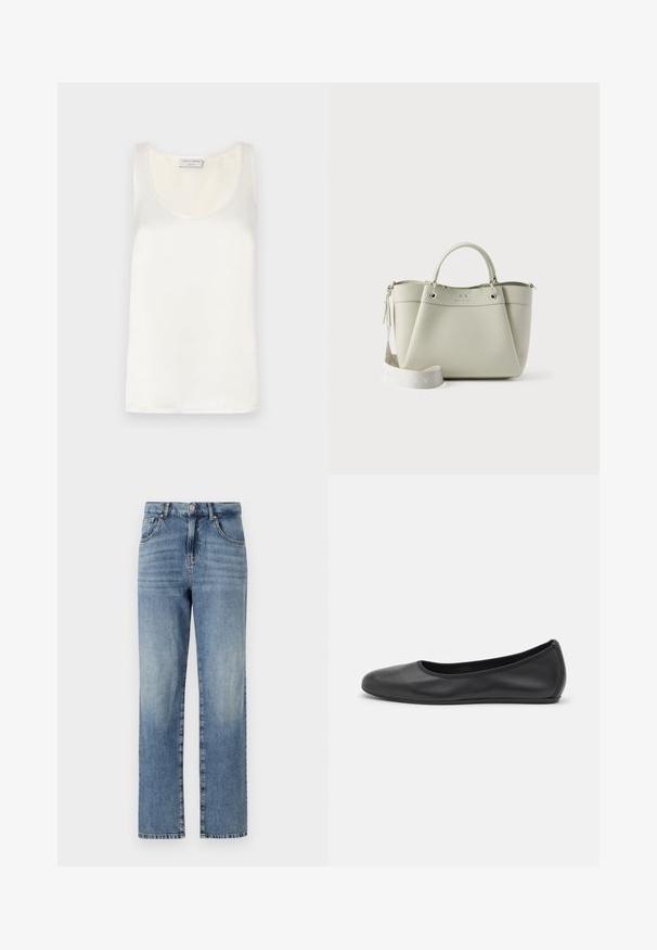 Hvid satin ærmeløs tanktop med rund halsudskæring og glat tekstur, med en subtil glans og rene kanter.; Lyst blå denim jeans med et lige ben design, der har fem lommer, knap- og lynlåslukning samt minimal falming på stoffet.; Sort læderballetsko med rund tå, glat tekstur, minimal syning og et fleksibelt såldesign.; Lille lysegrå mulepose med to håndtag og en aftagelig bred skulderrem, der har et diskret mærkelogo på forsiden.