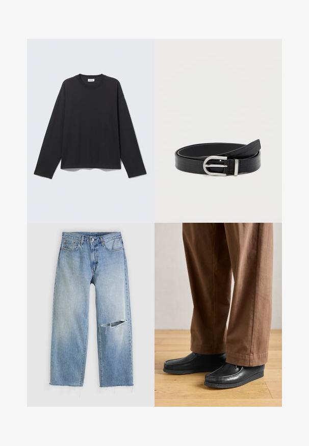 Sort langærmet t-shirt med rund hals og enkel, løs pasform, vist fladt mod en lys grå baggrund.; Lyseblå jeans med lige ben, en stor vandret rift på det højre knæ og frynsete kanter på en hvid baggrund.; Sorte lædersko med mokkasin-design og syningdetaljer, parret med brune bukser, på et trægulv.; Sort faux læderbælte med krokodillemønster og en sølvfarvet rund spænde, snoet på en ensfarvet hvid baggrund.