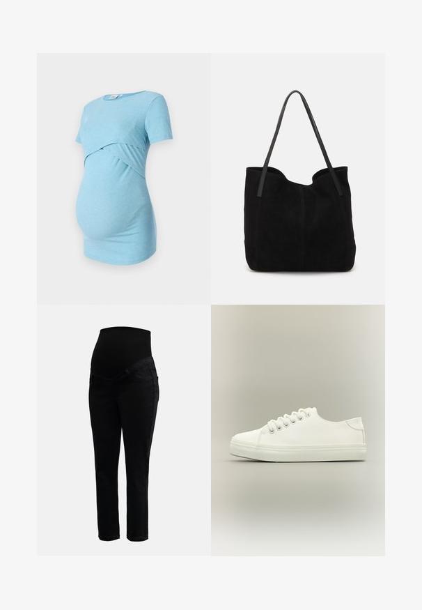Un haut de maternité bleu clair à côtes avec des manches courtes et un design croisé à la taille, conçu pour le confort et l'élasticité.; Jeans de maternité noirs avec une taille haute extensible et des jambes slim, conçus pour le confort et le soutien pendant la grossesse.; Baskets basses blanches avec lacets blancs et semelle en caoutchouc, vues de côté sur un fond neutre.; Sac fourre-tout en suède noir avec deux longues anses en cuir plates. Présente un bord supérieur incurvé et des coutures visibles sur le devant. Pas d'accents en métal.