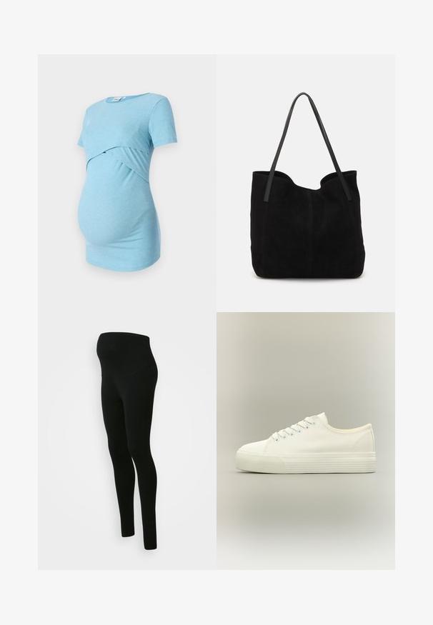 Top de maternidad azul claro con franjas y mangas cortas, con un diseño cruzado en la cintura, diseñado para la comodidad y la elasticidad.; Leggings de maternidad negros con una cinturilla alta y de soporte, textura suave, diseño ajustado y sin patrones ni adornos visibles.; Zapatilla blanca de lona de perfil bajo con cierre de cordones en la parte delantera y suela gruesa de goma texturizada sobre fondo neutro.; Bolso de mano de ante negro con dos correas de cuero largas y planas. Presenta un borde superior curvado y costuras visibles en la parte frontal. Sin acentos de metal.