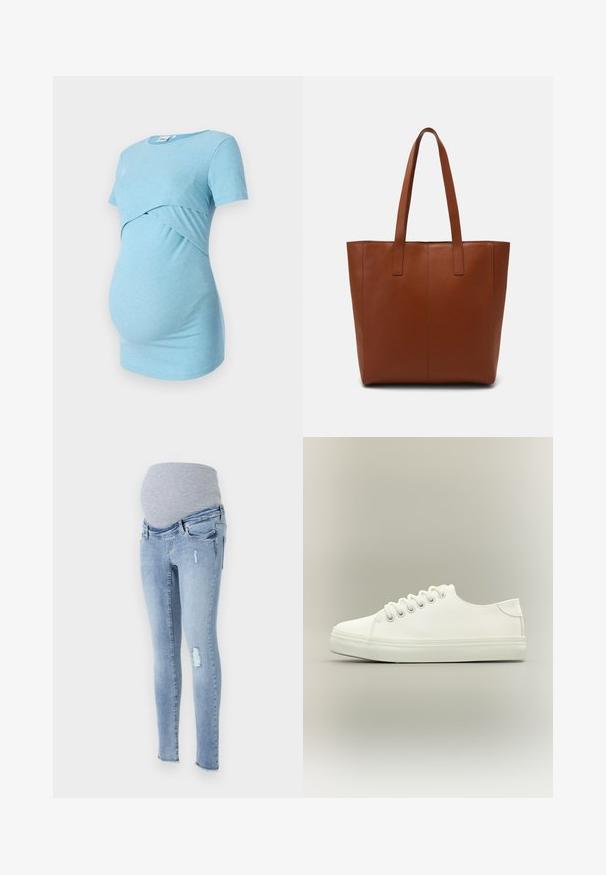 Lichtblauw geribbeld zwangerschaps-topje met korte mouwen en een crossover-ontwerp bij de taille, ontworpen voor comfort en rekbaarheid.; Materniteit skinny jeans in lichtblauwe denim met een zachte grijze elastische tailleband, versleten accenten en een taps toelopende pasvorm.; Witte lage sneaker met witte veters en rubberen zool, zijaanzicht op een neutrale achtergrond.; Bruine leren boodschappentas met een gladde textuur, verticale naaddetails en twee platte handvatten. Open ontwerp aan de bovenkant, ruime binnenkant.
