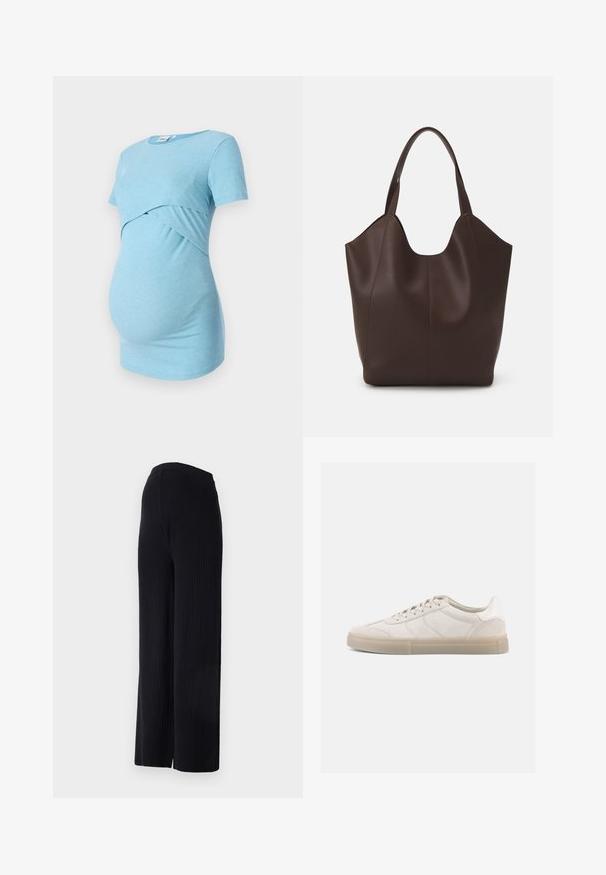 Lyseblå ribbet gravide top med korte ærmer og krydsdesign ved taljen, designet til komfort og stræk.; Even&Odd Maternity FULL LENGTH WIDE RIB PANTS M-EV4_SS22_2-1-A_011 - Wide leg - black; Beige ruskindssneakers med lav profil, der har en struktureret overdel, tonale sømme og en lys gummisål. Snørebånd fuldender designet.; Brun læder tote taske med en glat tekstur, der har en unik form, bred åbning og to korte håndtag til bæring.